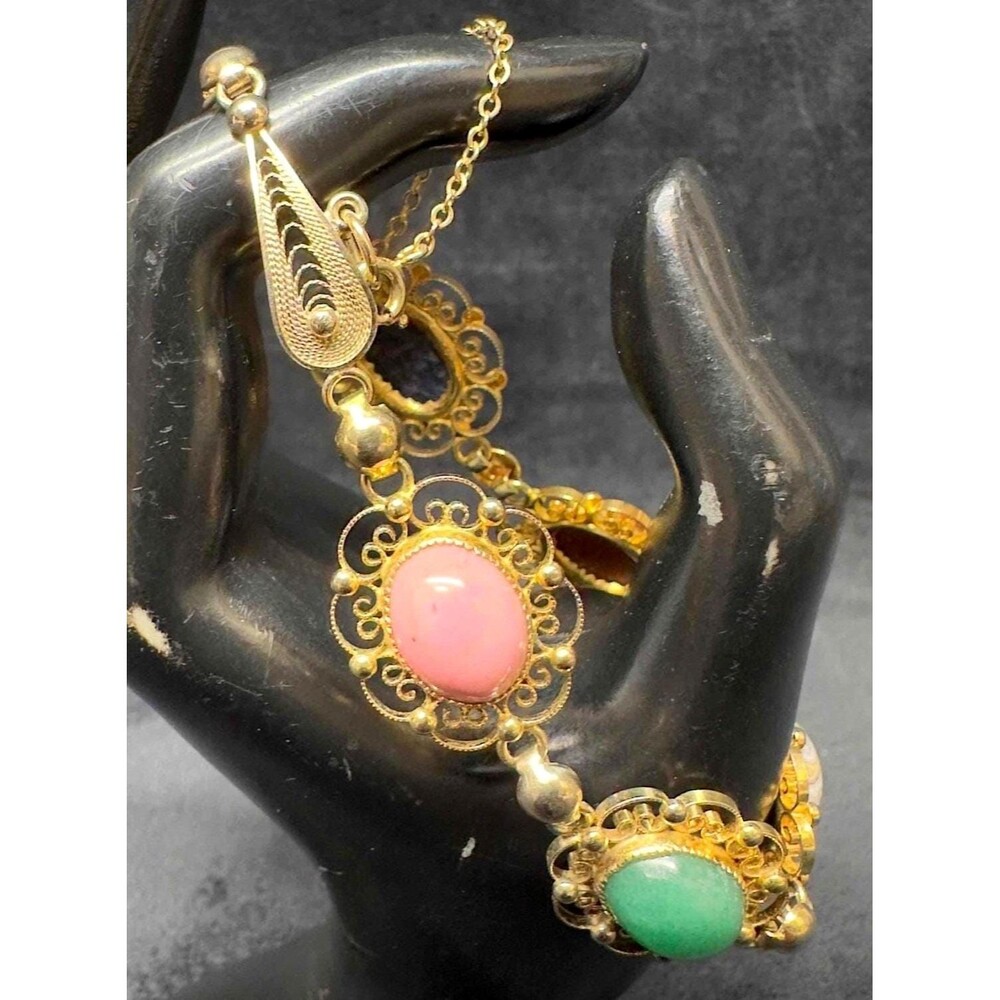 12K Gold Filled Filigree SCARAB Beetle Bracelet Crazy Lace Agate, Lapis Jade